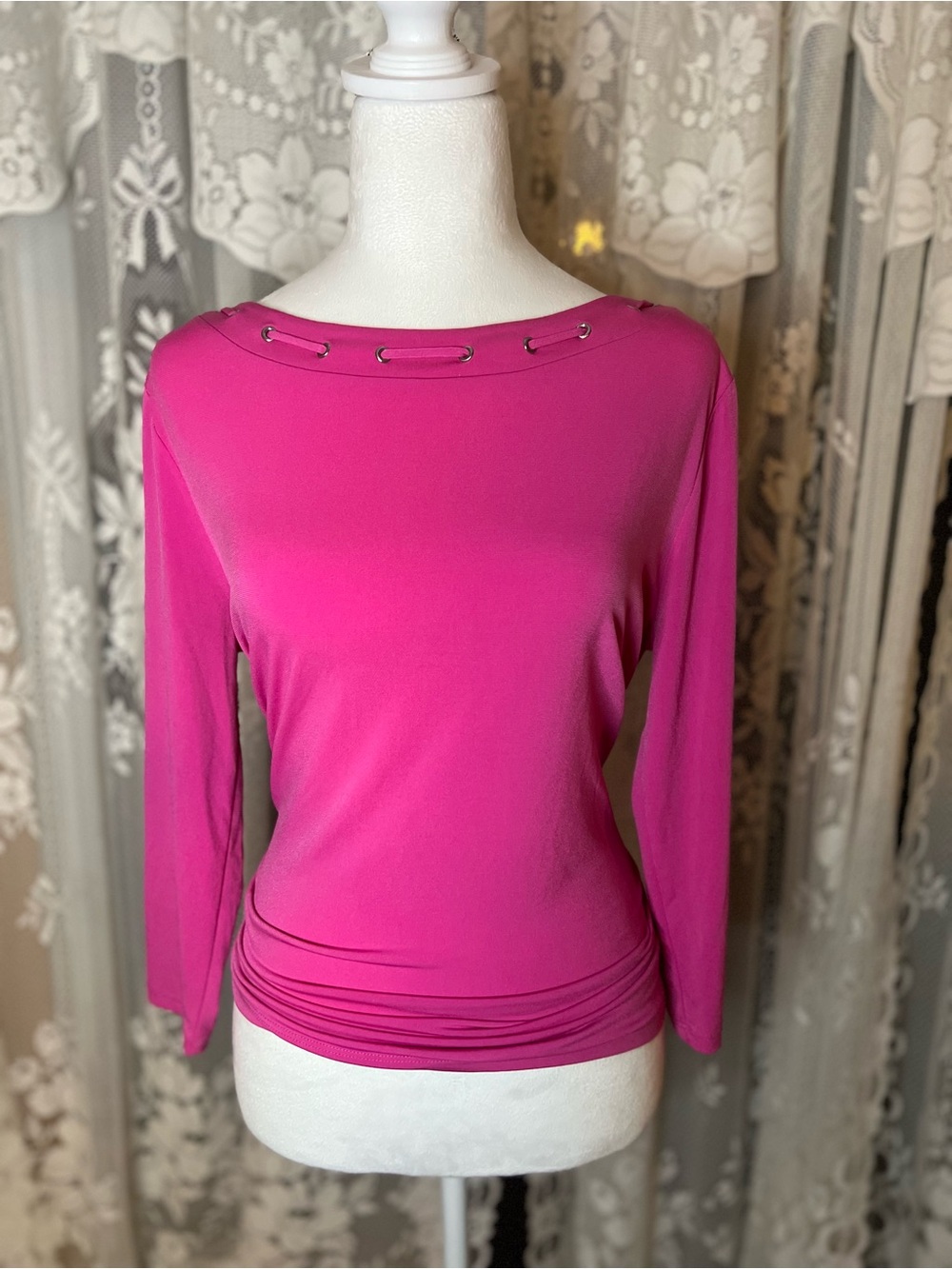 Ellen Tracy Boatneck Long-Sleeve Top in Fuchsia Medium